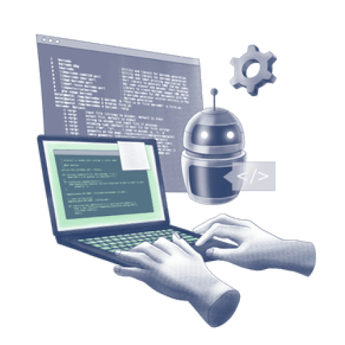 Mains qui tapent du code sur un ordinateur portable avec une fenêtre internet rempli de code à côté et un petit robot
